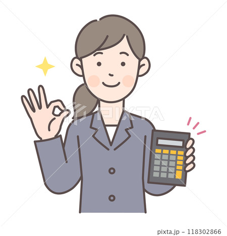 電卓を持ってOKサインする会社員女性 電卓を持ってOKサインする会社員女性 118302866