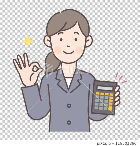 電卓を持ってOKサインする会社員女性 電卓を持ってOKサインする会社員女性 118302866