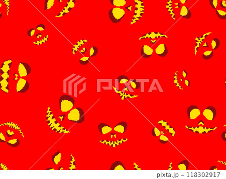 Seamless pattern with halloween scary face in pixel art style. Pixel scary pumpkin face in 8-bit retro graphic style of 80s games. Design for wallpapers, banners and posters. Vector illustration 118302917