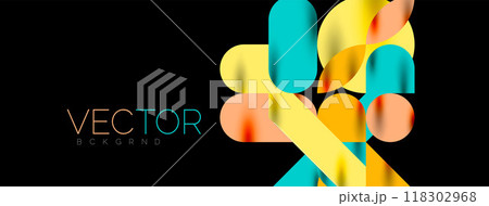 Mosaic geometric elements. Colorful circles, round geometric shapes and lines with shadow 3d effects. Simple forms abstract background for wallpaper, banner, template or landing 118302968
