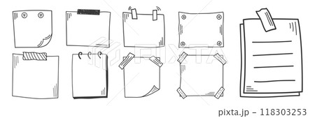 Hand drawn memo paper sheet icon set in flat style. Doodle sketch vector illustration on isolated background. Doodle page sign business concept. Hand drawn memo paper sheet icon set in flat style. Doodle sketch vector illustration on isolated background. Doodle page sign business concept. 118303253