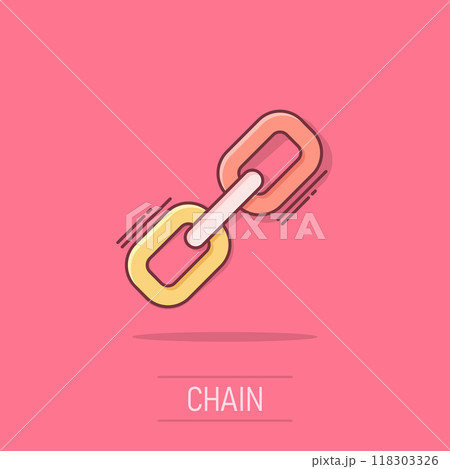 Chain sign icon in comic style. Link vector cartoon illustration on white isolated background. Hyperlink business concept splash effect. 118303326