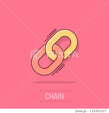 Chain sign icon in comic style. Link vector cartoon illustration on white isolated background. Hyperlink business concept splash effect. 118303327