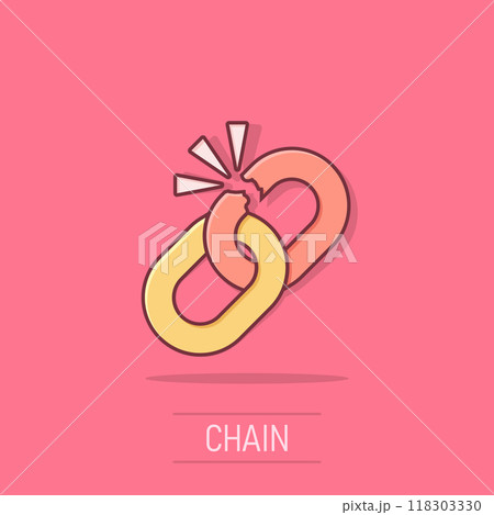 Broken chain sign icon in comic style. Disconnect link vector cartoon illustration on white isolated background. Detach business concept splash effect. Broken chain sign icon in comic style. Disconnect link vector cartoon illustration on white isolated background. Detach business concept splash effect. 118303330