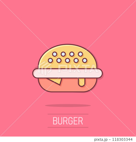 Burger sign icon in comic style. Hamburger vector cartoon illustration on white isolated background. Cheeseburger business concept splash effect. Burger sign icon in comic style. Hamburger vector cartoon illustration on white isolated background. Cheeseburger business concept splash effect. 118303344