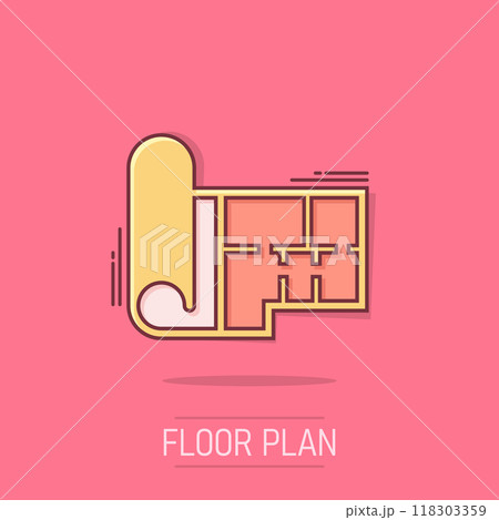 Room plan icon in comic style. Blueprint cartoon vector illustration on isolated background. House project splash effect business concept. 118303359