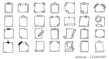 Hand drawn memo paper sheet icon set in flat style. Doodle sketch vector illustration on isolated background. Doodle page sign business concept. 118303397