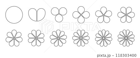 Flower diagrams with petals. Floral pie chart divided on equal sectors from 1 to 12 in leaf shapes isolated on white background. Business data presentation templates. Vector outline illustration 118303400