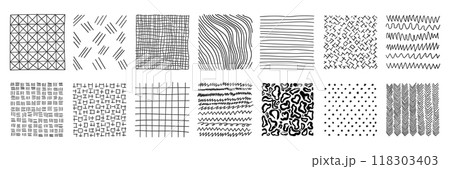 Hand drawn patterns in square icons set in flat style. Doodle sketch vector illustration on isolated background. Chaotic random waves sign business concept. 118303403