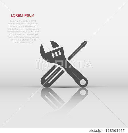 Wrench and screwdriver icon in flat style. Spanner key vector illustration on white isolated background. Repair equipment business concept. Wrench and screwdriver icon in flat style. Spanner key vector illustration on white isolated background. Repair equipment business concept. 118303465