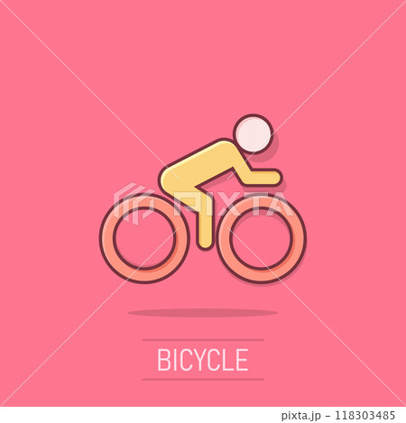 People on bicycle sign icon in comic style. Bike vector cartoon illustration on isolated background. Men cycling business concept splash effect. 118303485