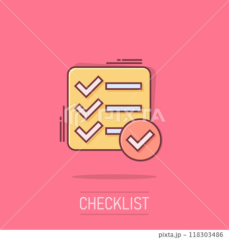 Checklist document sign icon in comic style. Survey vector cartoon illustration on isolated background. Check mark banner business concept splash effect. Checklist document sign icon in comic style. Survey vector cartoon illustration on isolated background. Check mark banner business concept splash effect. 118303486
