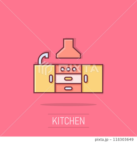 Kitchen furniture icon in comic style. Cuisine cartoon vector illustration on isolated background. Cooking room splash effect business concept. Kitchen furniture icon in comic style. Cuisine cartoon vector illustration on isolated background. Cooking room splash effect business concept. 118303649