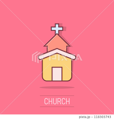 Church icon in comic style. Chapel vector cartoon illustration on isolated background. Religious building business concept splash effect. 118303743