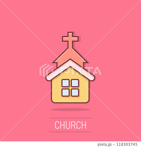 Church icon in comic style. Chapel vector cartoon illustration on isolated background. Religious building business concept splash effect. 118303745
