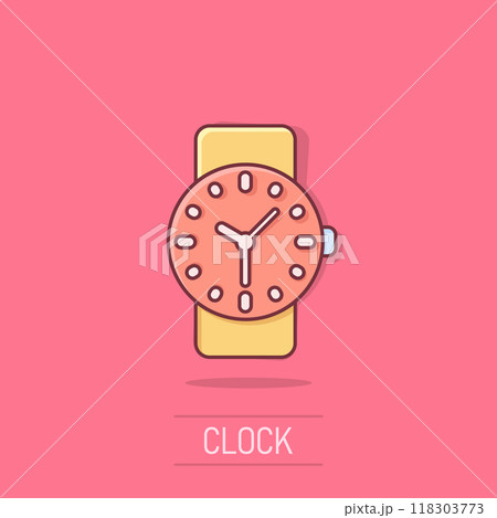 Wrist watch icon in comic style. Hand clock cartoon vector illustration on isolated background. Time bracelet splash effect business concept. 118303773
