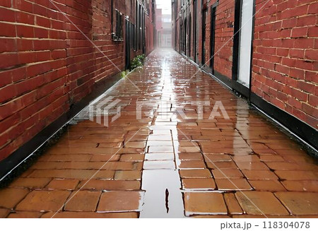 The wet brick walkway is slippery to walk on but beautiful.AI Generated 118304078