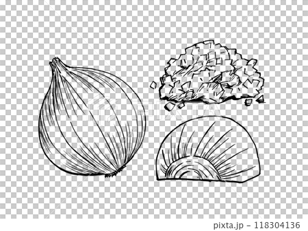玉ねぎ　丸ごと・半分・みじん切り　手描き　線画セット 118304136