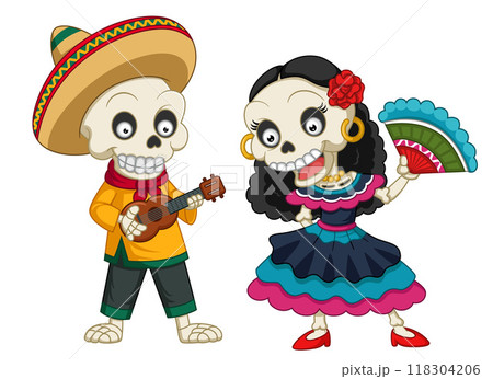 The day of the Dead. Mariachi skeleton dancing with musical instruments of illustration 118304206