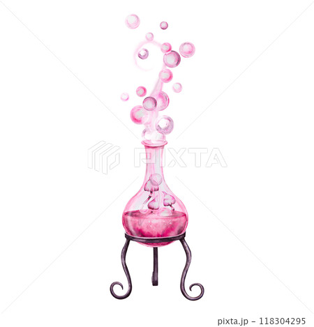 Glass flask, bottle with pink liquid and poisonous mushrooms, Love potion, magic elixir. Attributes for Halloween, Sabbath, Valentine's Day. Accessory of a witch, sorceress, fortune teller, chemist 118304295