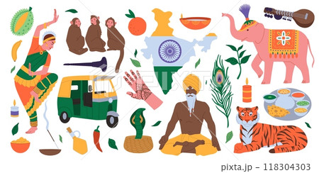 India culture. Indian map. Tourism in Delhi. Traditional food. National dress. Elephant and tiger. Lotus yoga asana. Travel sightseeing. Mosque monument. Fakir snake. Hinduism temple. Vector Hindu set 118304303