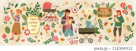 Mothers day. Holiday spring flower. Happy mom hugging toddlers. Family love. Newborn baby in stroller. Blossom petals and leaves. Watercolor art. Care of kid. Drawing gouache. Vector tidy illustration Mothers day. Holiday spring flower. Happy mom hugging toddlers. Family love. Newborn baby in stroller. Blossom petals and leaves. Watercolor art. Care of kid. Drawing gouache. Vector tidy illustration 118304312