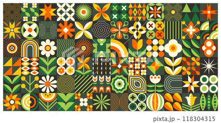 Pattern geometric flower. Abstract nature, vintage leaf. Floral poster bauhaus style, beauty, retro garden. Farm agriculture summer, spring, autumn mosaic. Vector botanical contemporary ornament Pattern geometric flower. Abstract nature, vintage leaf. Floral poster bauhaus style, beauty, retro garden. Farm agriculture summer, spring, autumn mosaic. Vector botanical contemporary ornament 118304315