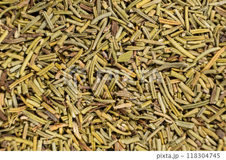 Background macro dried rosemary leaves top view, seasoning texture. 118304745