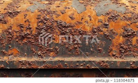 A close-up of weathered metal with peeling paint and extensive rust, showcasing the effects of corrosion. 118304875