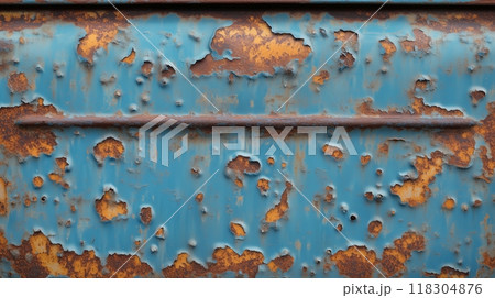 A weathered metal surface with peeling blue paint, revealing rust underneath, creating a textured and aged appearance. 118304876
