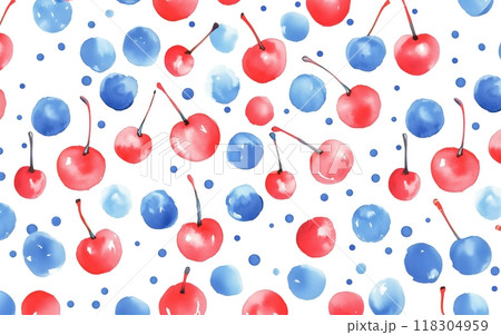 Cherries dance in red and blue polka dots on a white watercolor canvas. 118304959