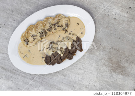 beef meat with cream mushroom sauce and karlsbad dumplings beef meat with cream mushroom sauce and karlsbad dumplings 118304977