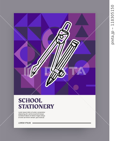 Line stationery. School education tools. Studying supplies. Abstract geometric flat shapes. Math compass with pencil. College flyer. Brochure template. Outline drawing. Brutalist design vector poster Line stationery. School education tools. Studying supplies. Abstract geometric flat shapes. Math compass with pencil. College flyer. Brochure template. Outline drawing. Brutalist design vector poster 118305150