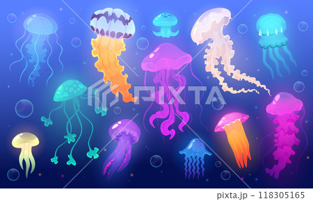 Jellyfish watercolor cartoon set. Jelly cute fish glowing. Medusa animal water. Underwater, summer sea, ocean tropical, colorful fishing, beautiful tropical marine wildlife fauna. Vector isolated set 118305165