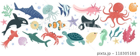 Sea animal life. Fish funny childish decor, octopus, dolphin and lobster with face, shell, marine creature. Cute cartoon character. Ocean baby pattern. Vector underwater wildlife doodle illustration 118305168