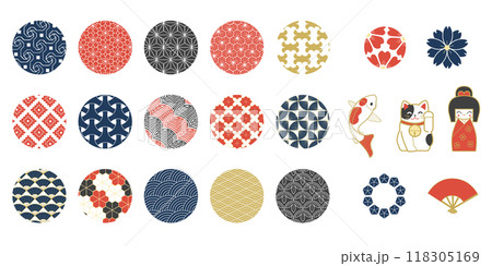 Japanese symbol. Tradition Japan print. Round pattern icon design. Asian lantern decoration frame. Abstract graphic flower. Circle gold grid ornament. Oriental signs set. Vector modern backgrounds 118305169