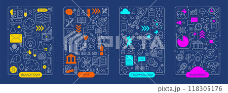 Technology education infographic. People brainstorm. Line icons. Startup creative art. Business process. Abstract graphic diagram. Smart brain. Search system concept. Vector garish flat pictograms set 118305176