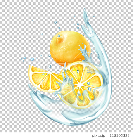 Lemons slices in water splashes. Fruit illustration on white background 118305325