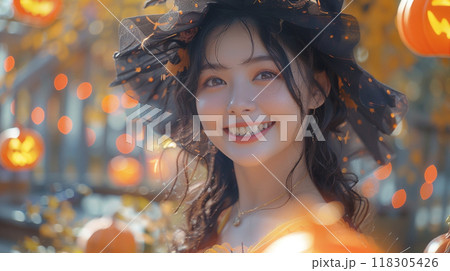ハロウィーンの帽子を被った日本人女性 118305426