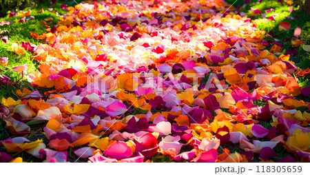 A vibrant pathway of scattered rose petals in shades of pink, red, orange, and yellow, leads through a lush green garden, creating a romantic and festive atmosphere. 118305659