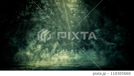 Sunbeams pierce through a misty forest, illuminating a calm body of water surrounded by towering trees. 118305660