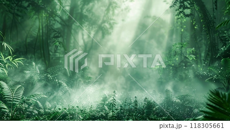 Sunbeams pierce through a misty, green canopy, illuminating a lush jungle floor teeming with ferns and foliage. 118305661