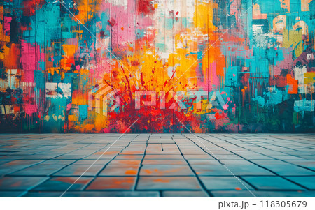 A vibrant explosion of colors dances across the weathered brick wall, leaving a captivating abstract masterpiece. 118305679