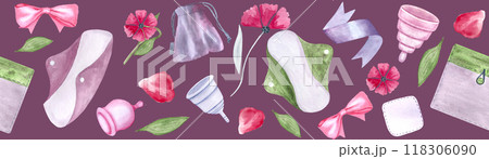 A menstrual cup, a period pad, a fabric pouch ribbons petals watercolor seamless border on purple. Great for eco-friendly menstrual care design, packaging, websites, tape Sustainable lifestyle A menstrual cup, a period pad, a fabric pouch ribbons petals watercolor seamless border on purple. Great for eco-friendly menstrual care design, packaging, websites, tape Sustainable lifestyle 118306090