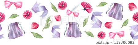 A pouch, satin ribbon, a petal, pink flower head watercolor seamless border isolated on white. Perfect for tape, packaging, labels, gifts, websites, cards, posters, frames, banners, mother day design A pouch, satin ribbon, a petal, pink flower head watercolor seamless border isolated on white. Perfect for tape, packaging, labels, gifts, websites, cards, posters, frames, banners, mother day design 118306092