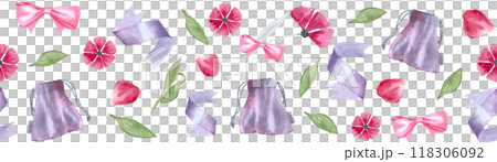 A pouch, satin ribbon, a petal, pink flower head watercolor seamless border isolated on white. Perfect for tape, packaging, labels, gifts, websites, cards, posters, frames, banners, mother day design A pouch, satin ribbon, a petal, pink flower head watercolor seamless border isolated on white. Perfect for tape, packaging, labels, gifts, websites, cards, posters, frames, banners, mother day design 118306092