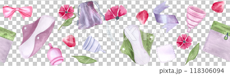 A menstrual cup, a period pad, a fabric pouch ribbons petals watercolor seamless border isolated on white. Great for eco-friendly menstrual care design, packaging, websites, tape Sustainable lifestyle 118306094