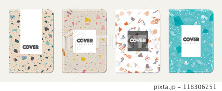 Notebook cover design. Terrazzo abstract background made of natural stones, granite, quartz and marble. Venetian terrazzo texture notebook cover template. Notebook cover design. Terrazzo abstract background made of natural stones, granite, quartz and marble. Venetian terrazzo texture notebook cover template. 118306251