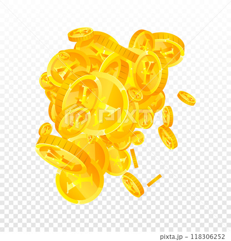 Japanese yen coins falling. Scattered gold JPY coins. Japan money. Great business success concept. Square vector illustration. 118306252