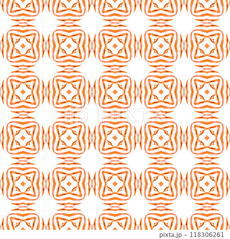 Textile ready alluring print, swimwear fabric, wallpaper, wrapping. Orange flawless boho chic summer design. Ikat repeating swimwear design. Watercolor ikat repeating tile border. 118306261